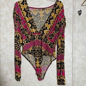 Fashion Nova Black and Gold Baroque Bodysuit size XL